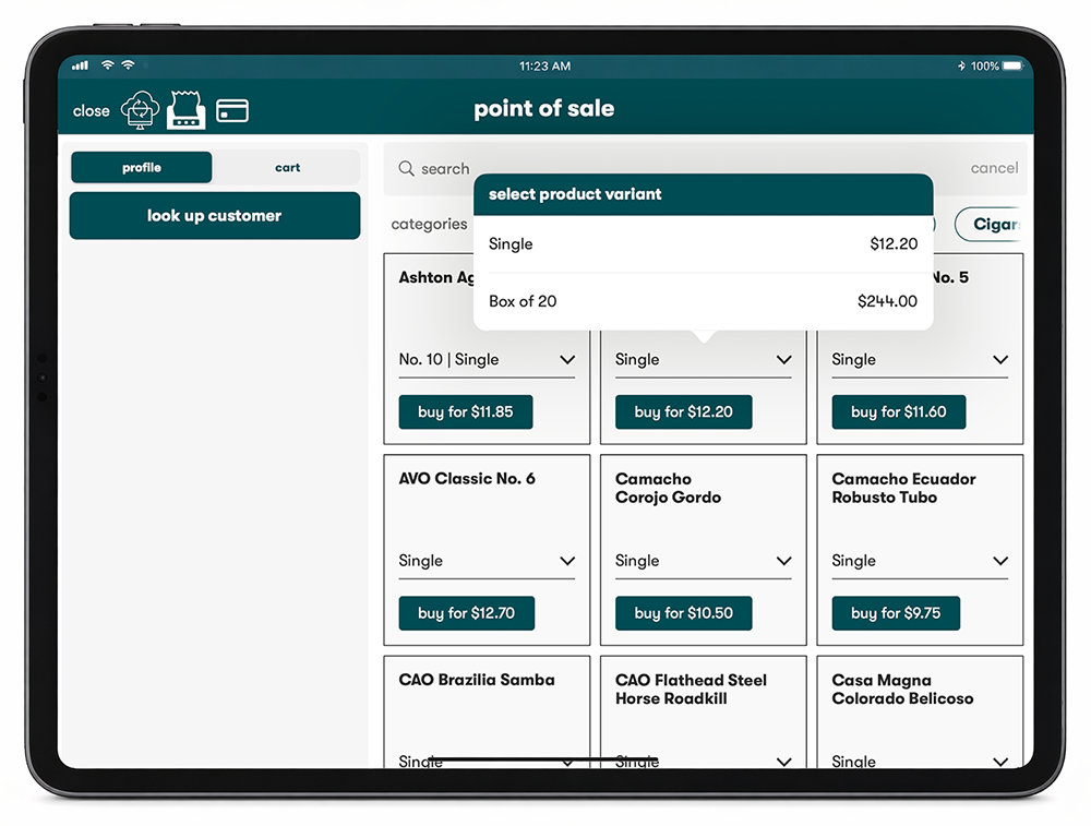 CT POS product variant selection for singles and boxes
